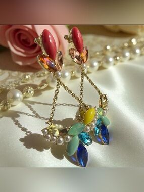Lulu Frost Gold Tone Multicolored Crystal & Faux Pearl Chandelier Earrings